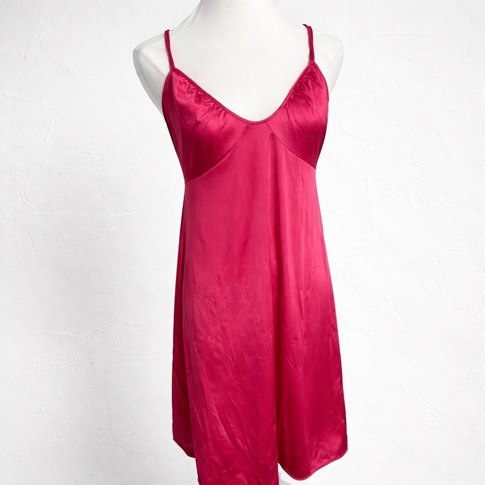 Vintage Hot Pink Satin Slip Dress Bias Cut Lingerie Y2K 36